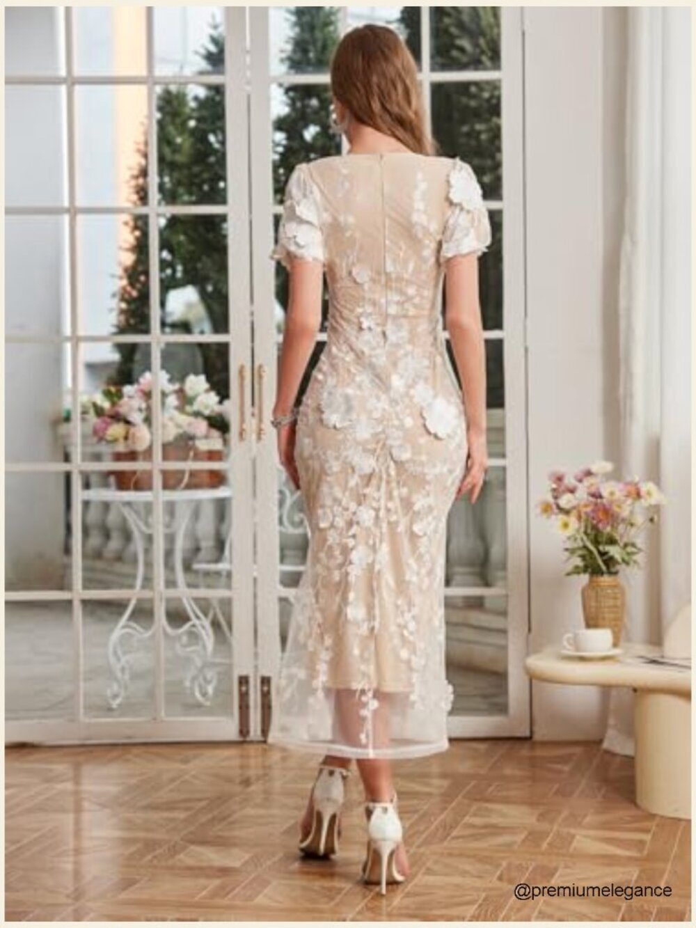 3D Floral Embroidery Maxi Dress Ruffle Sleeve Fishtail Bodycon Party - Picture 3 of 7